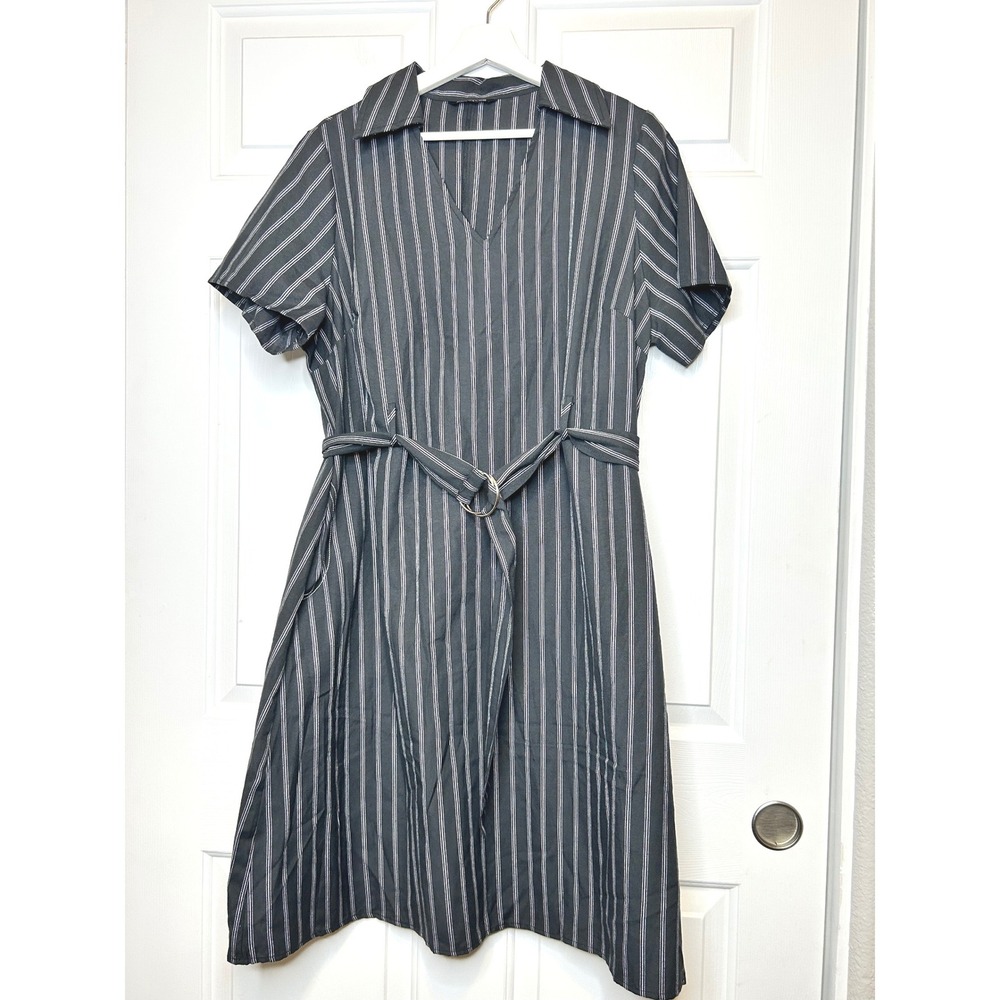 Bloomchic Pinstripe Dress 12 Black Belted V-Neck Midi Pocket